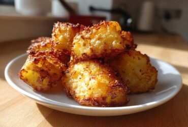 A close-up of golden brown, crispy Greek potatoes piled on a white plate, showcasing their crunchy texture.