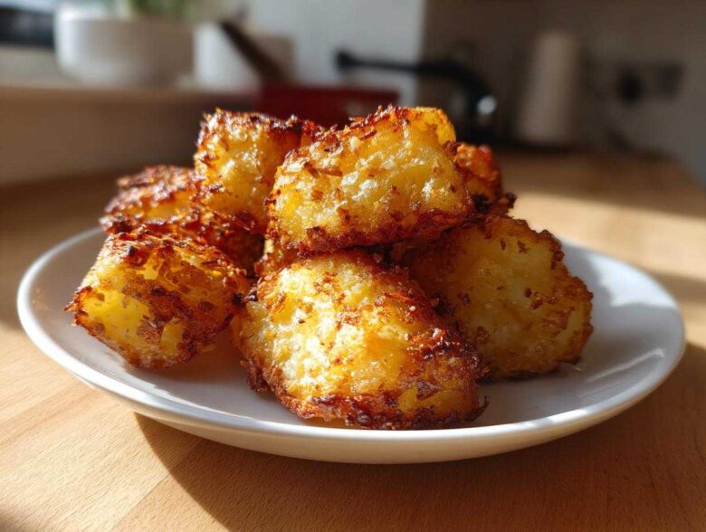 A close-up of golden brown, crispy Greek potatoes piled on a white plate, showcasing their crunchy texture.