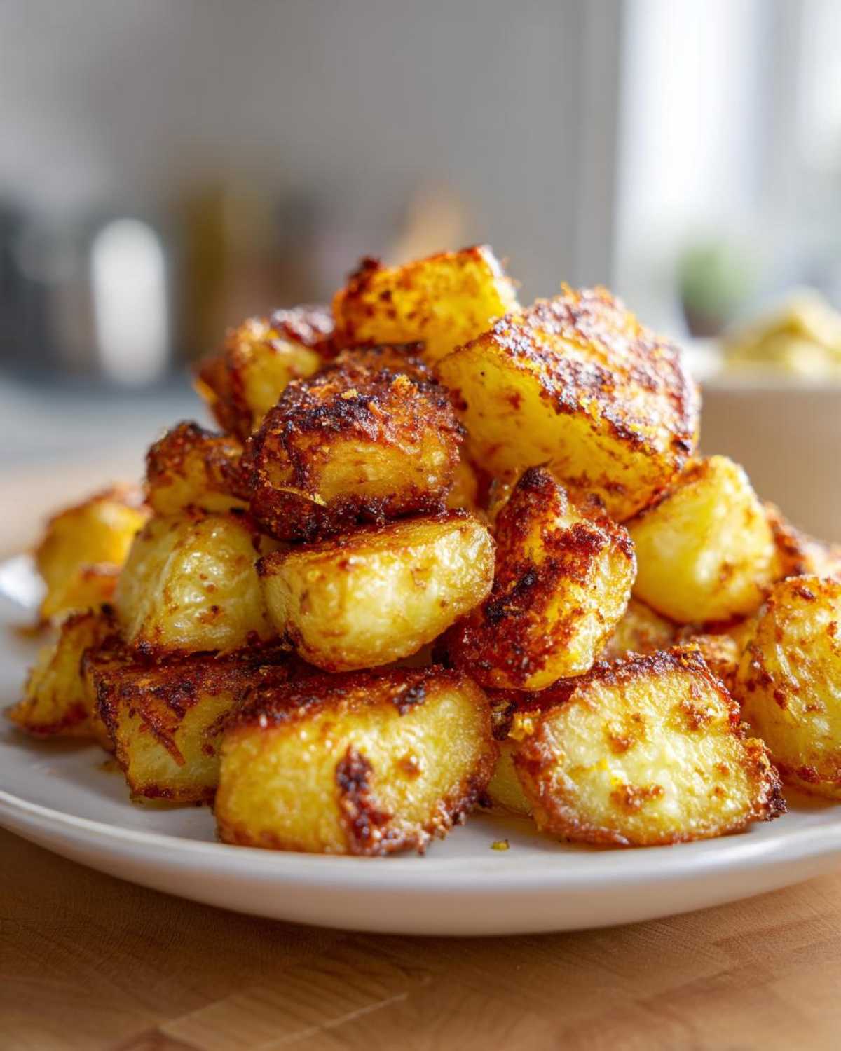 A mound of golden brown, crispy Greek potatoes recipe pieces stacked high on a white plate.