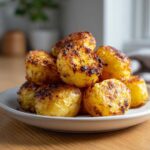 A stack of golden, roasted, and very crispy Greek potatoes with charred edges served on a light gray plate.