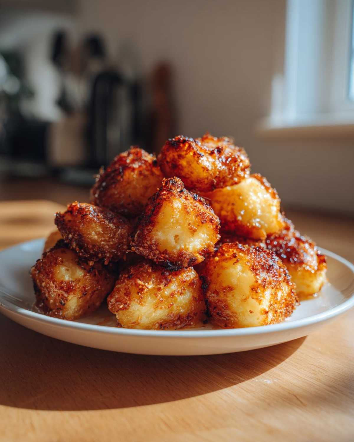 A pile of golden brown, incredibly crispy Greek potatoes glistening on a white plate.