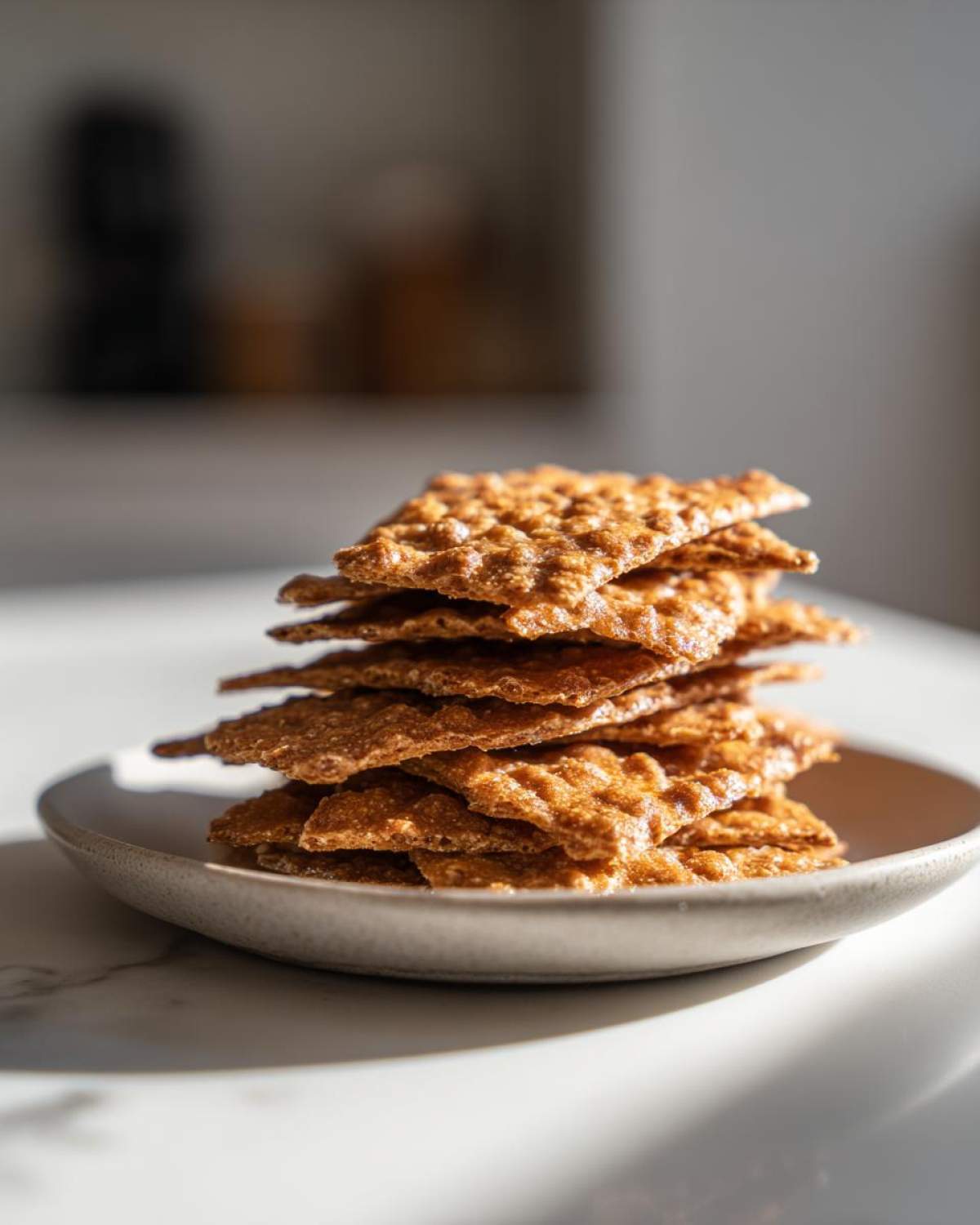 A stack of golden brown, crispy Keto Sour Cream Crackers resting on a small, light-colored plate.