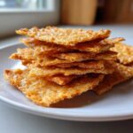 A close-up stack of golden brown, crispy Keto Sour Cream Crackers on a light plate.