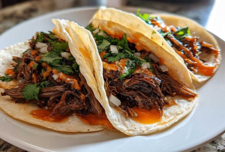 Three soft corn tortillas filled with shredded Crockpot Korean Beef Tacos, topped with cilantro, onions, and spicy orange sauce.