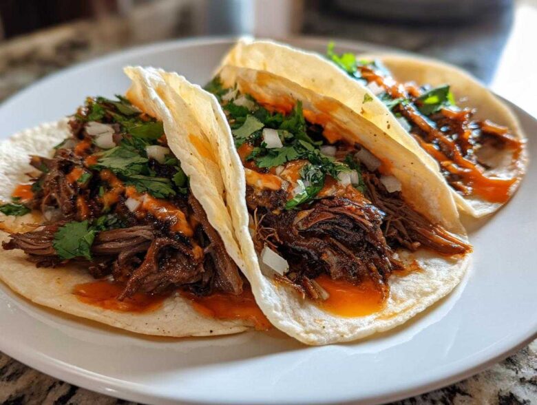 Three soft corn tortillas filled with shredded Crockpot Korean Beef Tacos, topped with cilantro, onions, and spicy orange sauce.