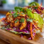 Close-up of a fresh lettuce cup filled with saucy chicken, shredded purple cabbage, carrots, and topped with cilantro for crunchy Thai Chicken Wraps.