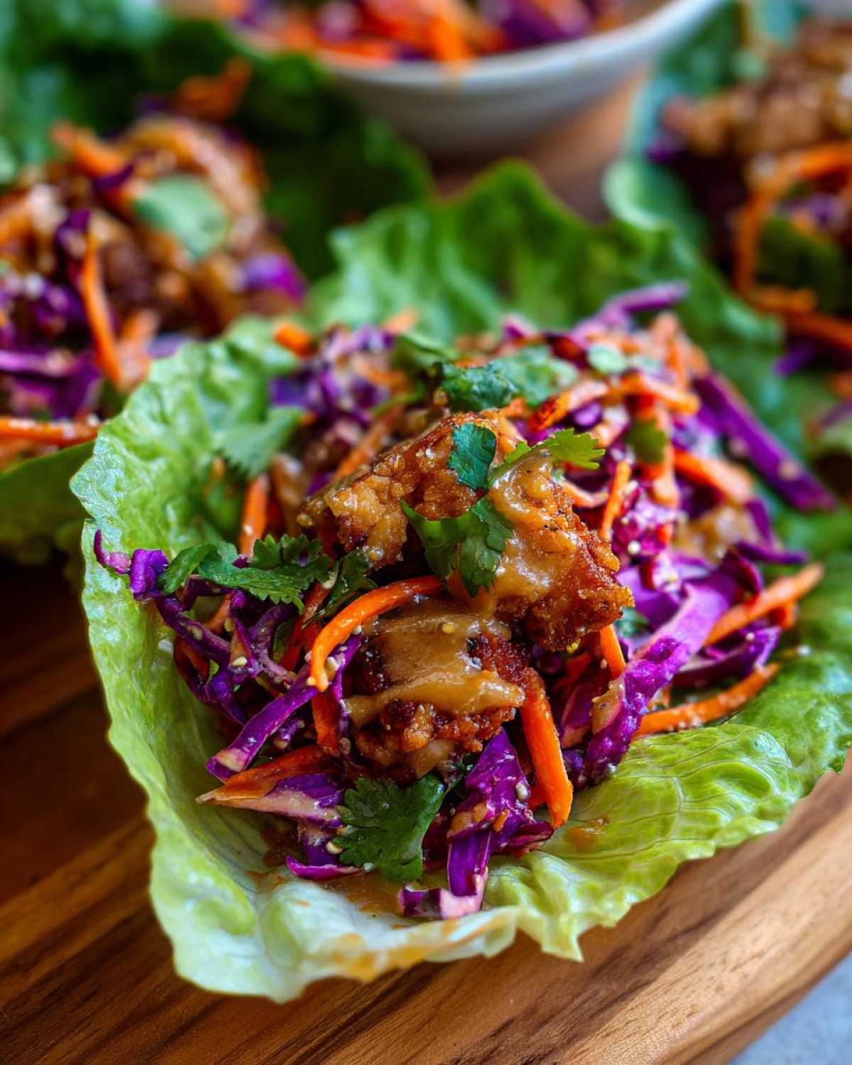 A close-up of one of the Crunchy Thai Chicken Wraps, featuring crispy chicken, purple cabbage, carrots, and peanut sauce in a crisp lettuce cup.