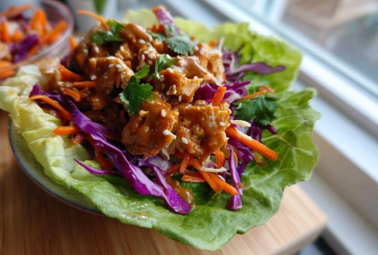 A single serving of Crunchy Thai Chicken Wraps featuring saucy chicken, shredded carrots, and purple cabbage in a crisp lettuce cup.