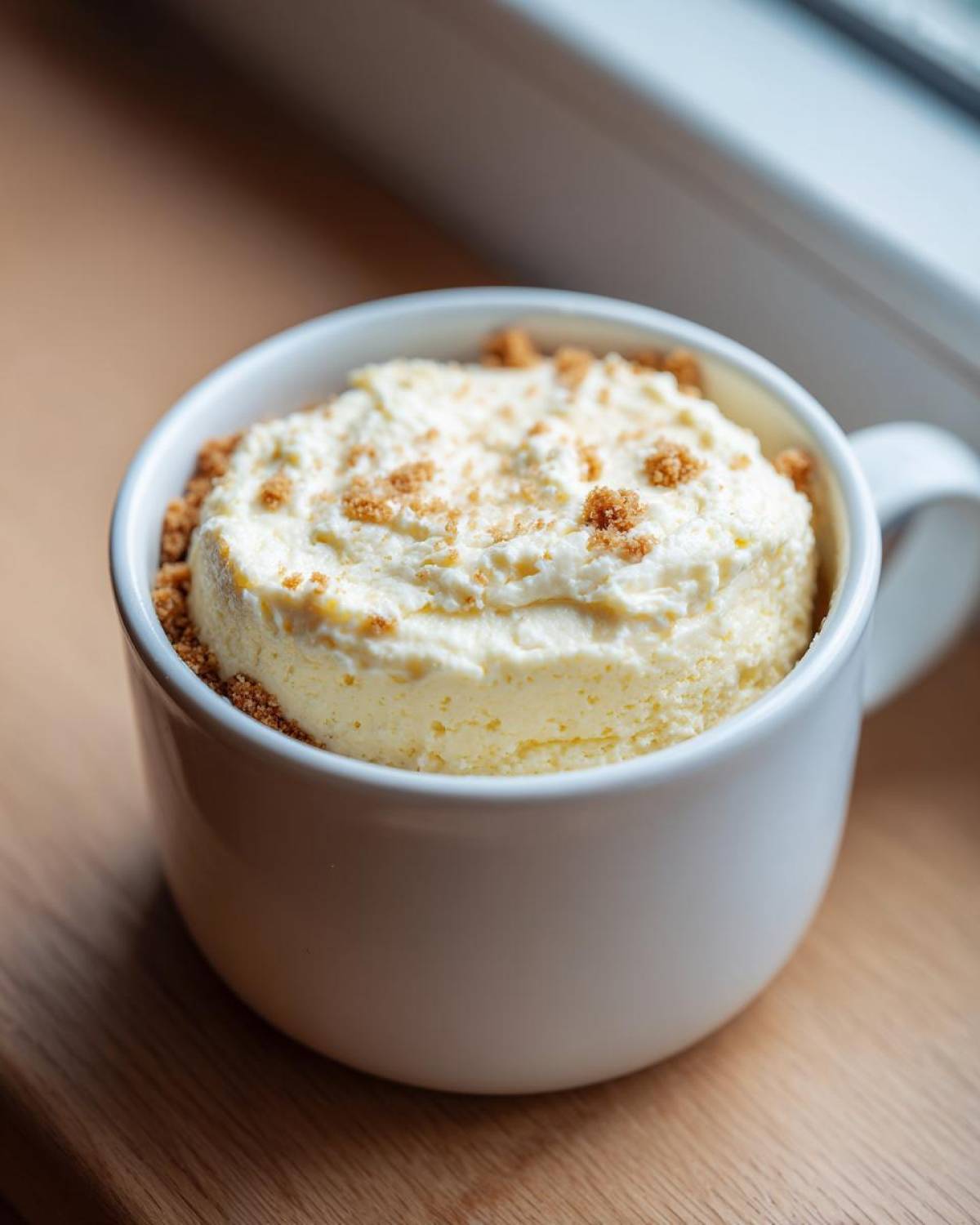 Close-up of a Decadent Cheesecake Mug Recipe, featuring creamy cheesecake filling topped with graham cracker crumbs in a white mug.