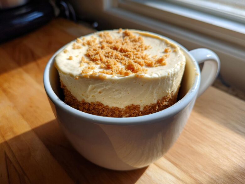A finished Decadent Cheesecake Mug Recipe, featuring a creamy cheesecake filling and graham cracker crust in a white mug.