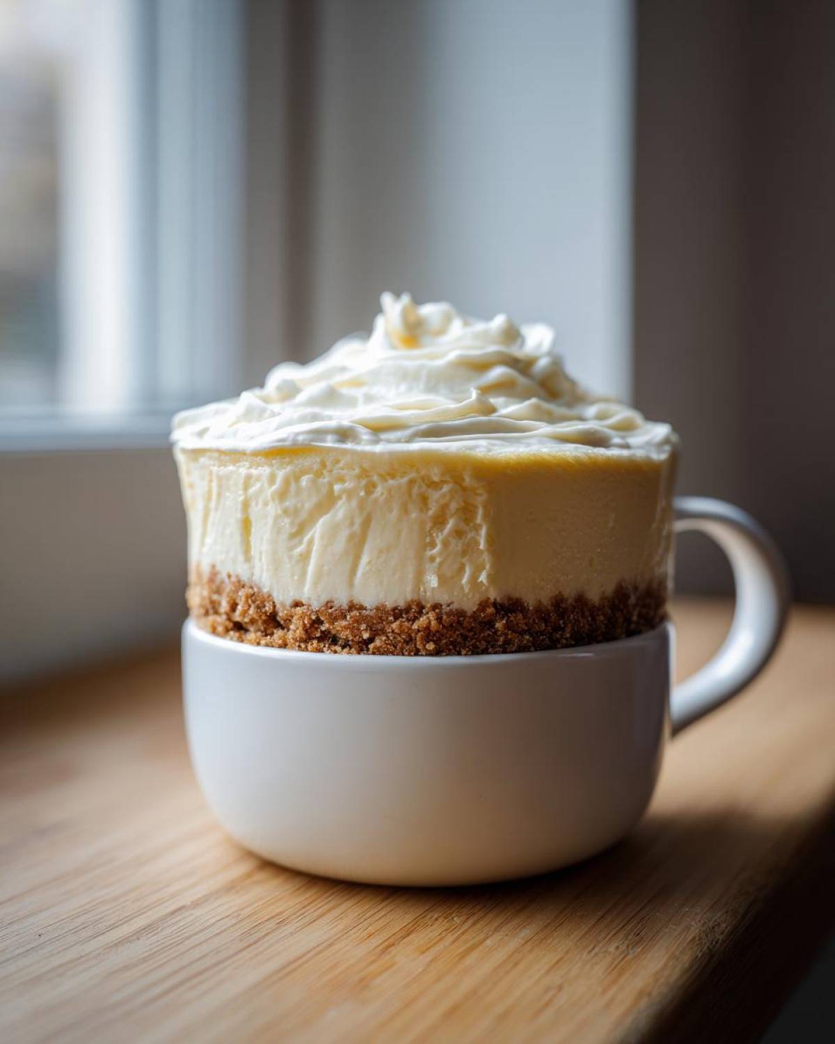 A rich, creamy cheesecake filling with a graham cracker crust served in a white mug, topped with whipped cream, illustrating the Decadent Cheesecake Mug Recipe.