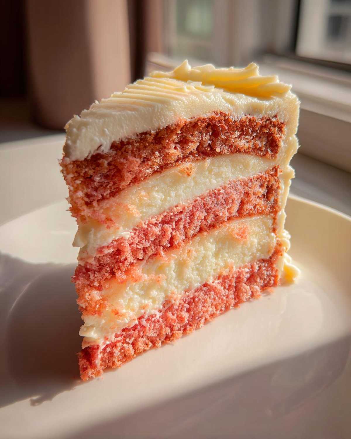 A tall, layered slice of Decadent Hawaiian Guava Cake with pink layers and white filling, topped with cream cheese frosting.
