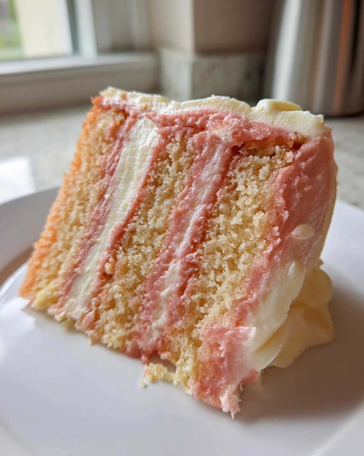 Close-up of a slice of Decadent Hawaiian Guava Cake showing yellow layers alternating with pink and white frosting.