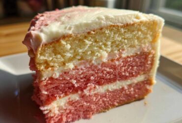 Close-up of a slice of Decadent Hawaiian Guava Cake showing alternating yellow and pink layers with white frosting.