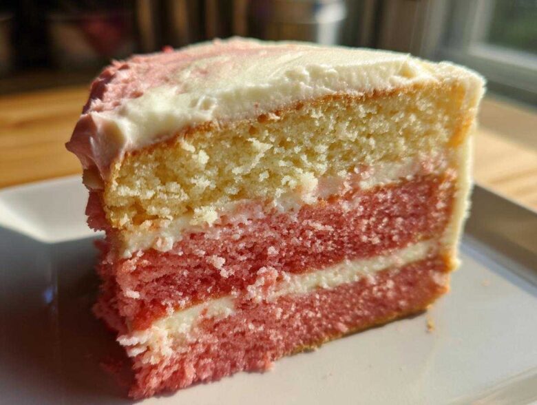 Close-up of a slice of Decadent Hawaiian Guava Cake showing alternating yellow and pink layers with white frosting.