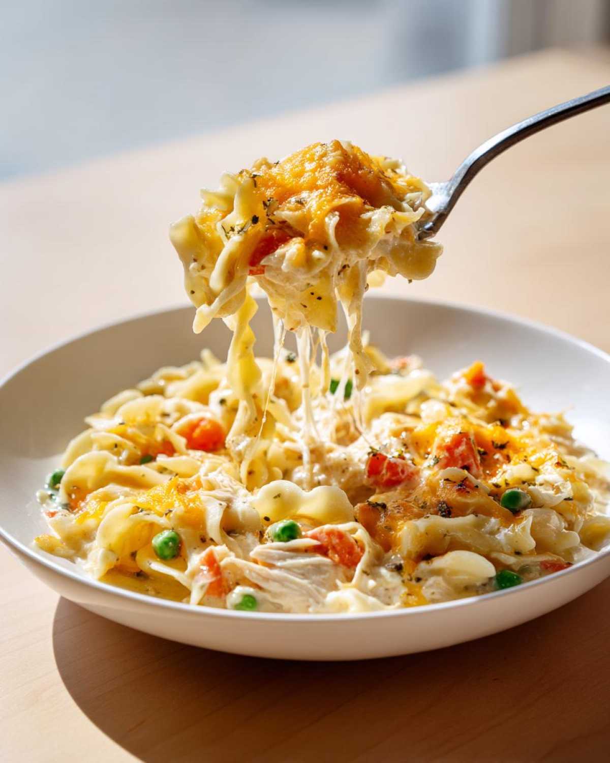 A fork lifts a cheesy, stringy portion of Dump and Bake Chicken Casserole from a white bowl.