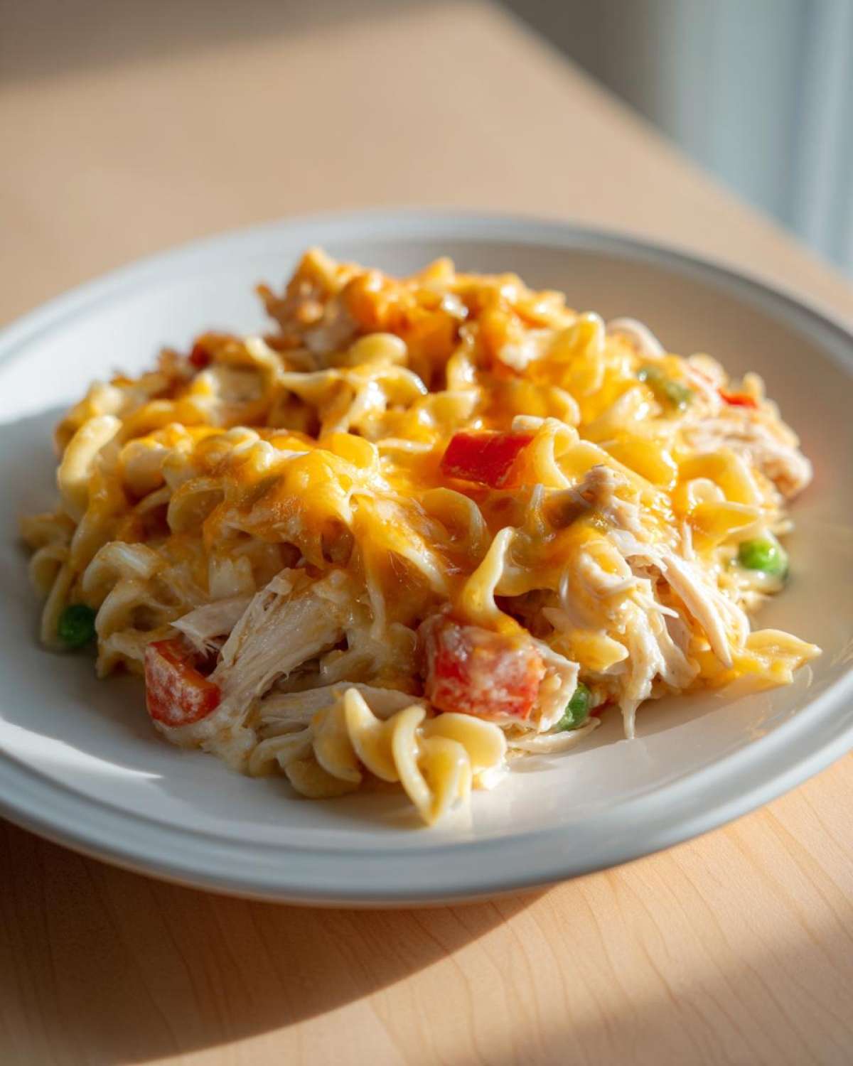 A serving of creamy Dump and Bake Chicken Casserole topped with melted cheddar cheese, chicken, and vegetables on a white plate.