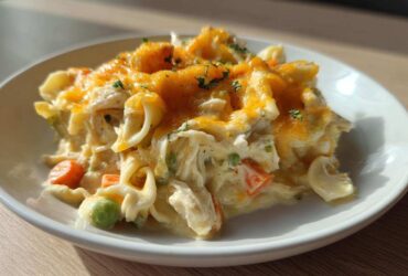 A close-up serving of creamy Dump and Bake Chicken Casserole topped with melted cheddar cheese and parsley.