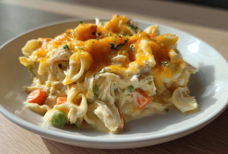 A close-up serving of creamy Dump and Bake Chicken Casserole topped with melted cheddar cheese and parsley.