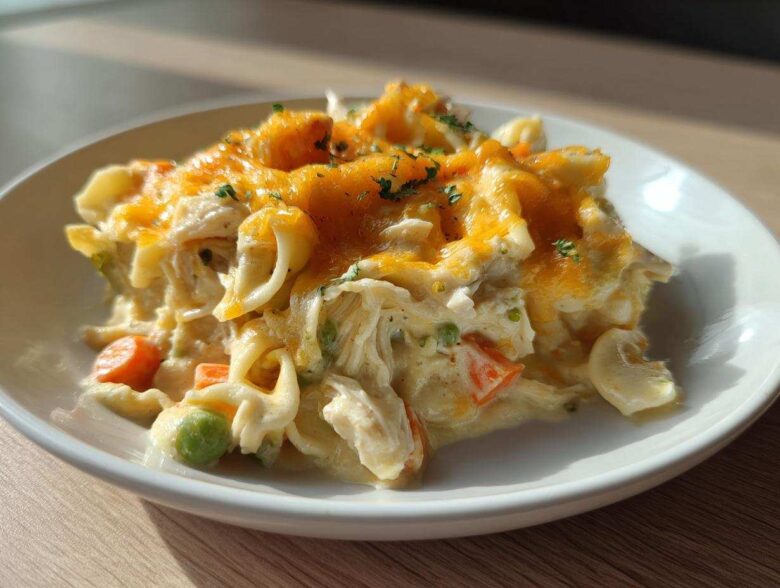 A close-up serving of creamy Dump and Bake Chicken Casserole topped with melted cheddar cheese and parsley.