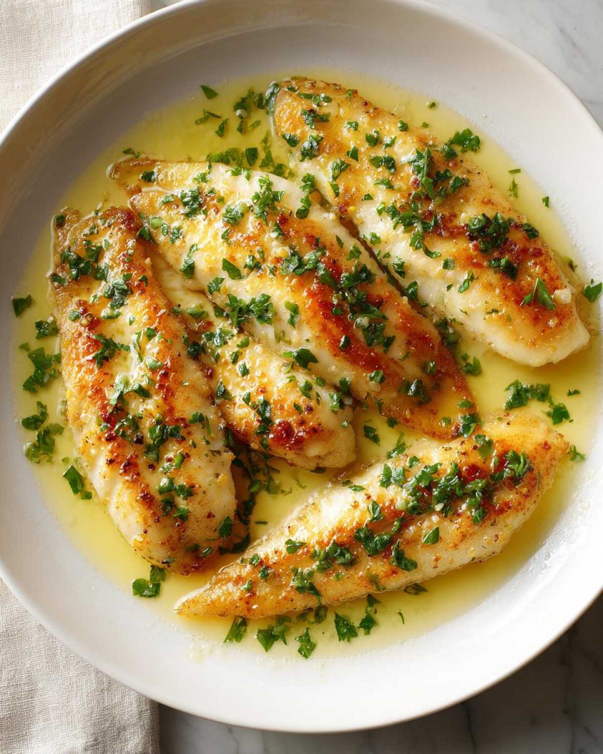 Four golden-brown fillets of Easy Flounder Francaise served in a white bowl with lemon butter sauce and fresh parsley.