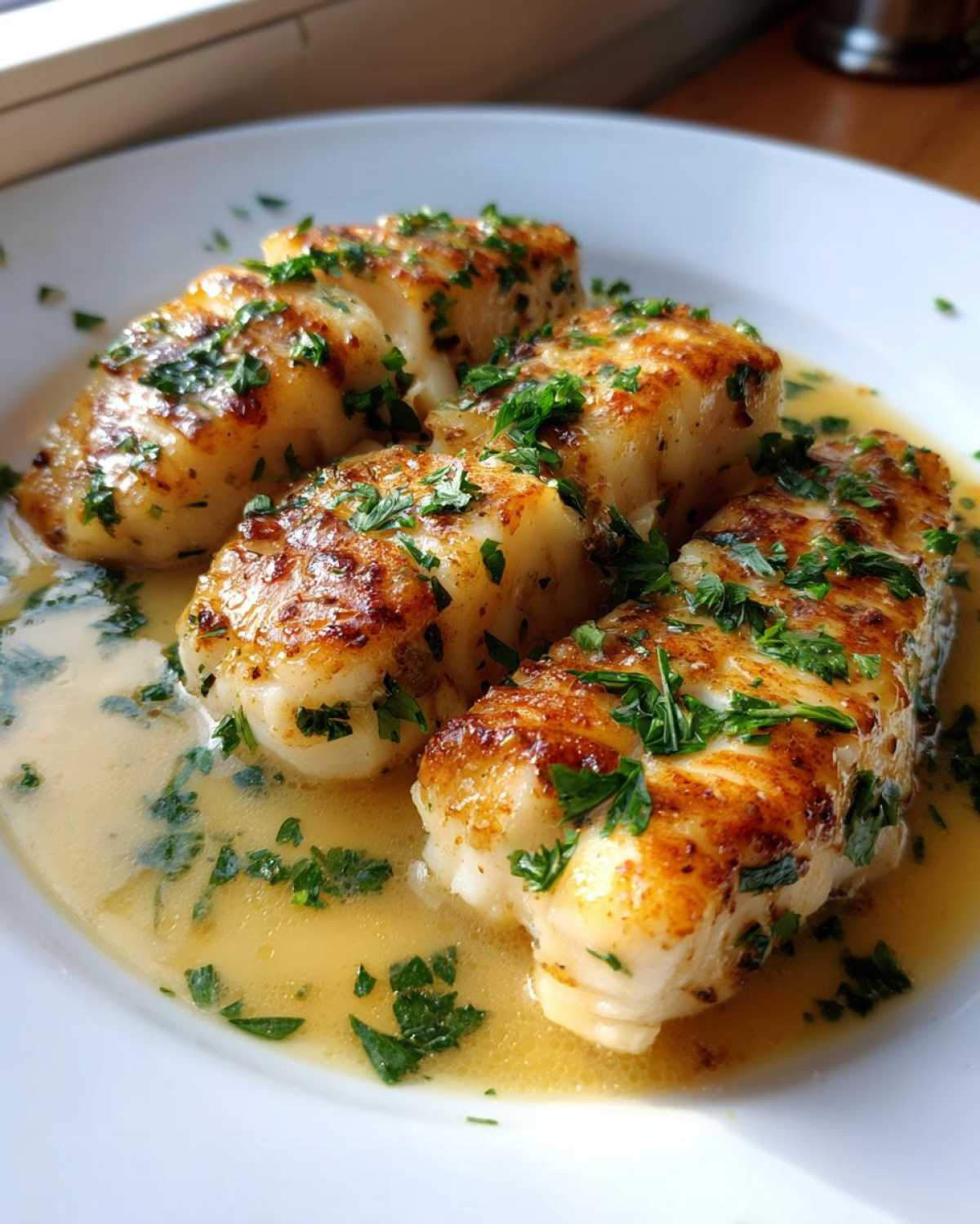 Four pieces of pan-seared fish fillets in a lemon butter sauce, garnished with fresh parsley, ready for the Easy Flounder Francaise Recipe.