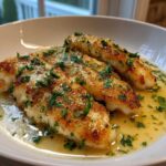 Three pan-fried fillets of Easy Flounder Francaise swimming in a bright lemon butter sauce and topped with fresh parsley.