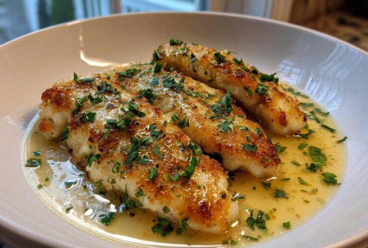 Three pan-fried fillets of Easy Flounder Francaise swimming in a bright lemon butter sauce and topped with fresh parsley.