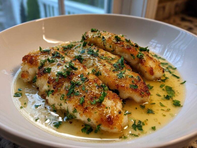 Three pan-fried fillets of Easy Flounder Francaise swimming in a bright lemon butter sauce and topped with fresh parsley.