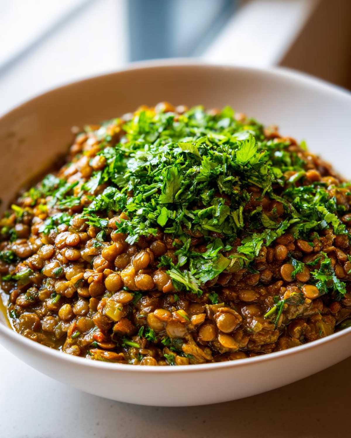 A close-up of a bowl filled with rich, savory Easy Green Lentil Dal, generously garnished with fresh chopped cilantro or parsley.