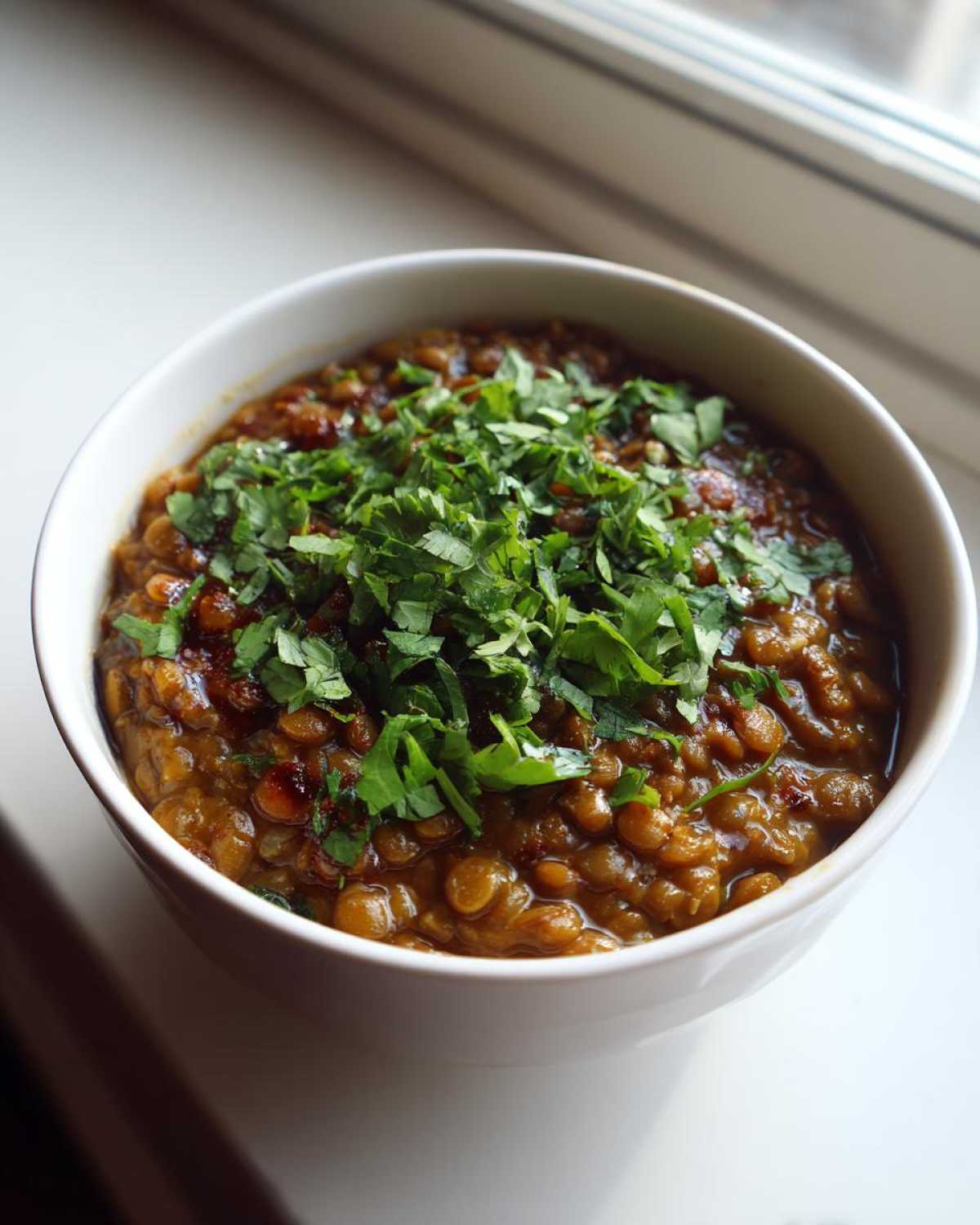A white bowl filled with thick Easy Green Lentil Dal, topped generously with fresh chopped cilantro.