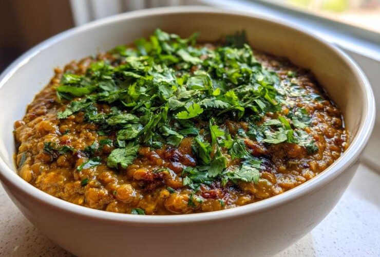 A close-up of a white bowl filled with rich, orange-brown Easy Green Lentil Dal, topped generously with fresh chopped cilantro.