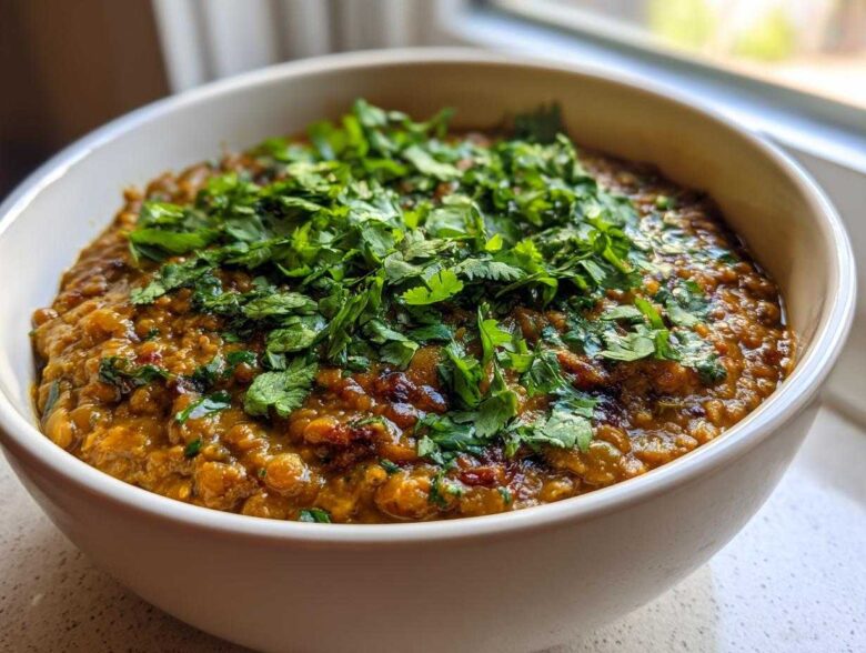 A close-up of a white bowl filled with rich, orange-brown Easy Green Lentil Dal, topped generously with fresh chopped cilantro.