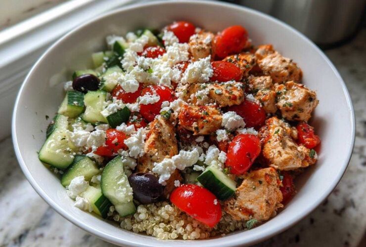 Close-up of an Easy Mediterranean Chicken Bowl featuring seasoned chicken, quinoa, cucumber, tomatoes, olives, and feta cheese.