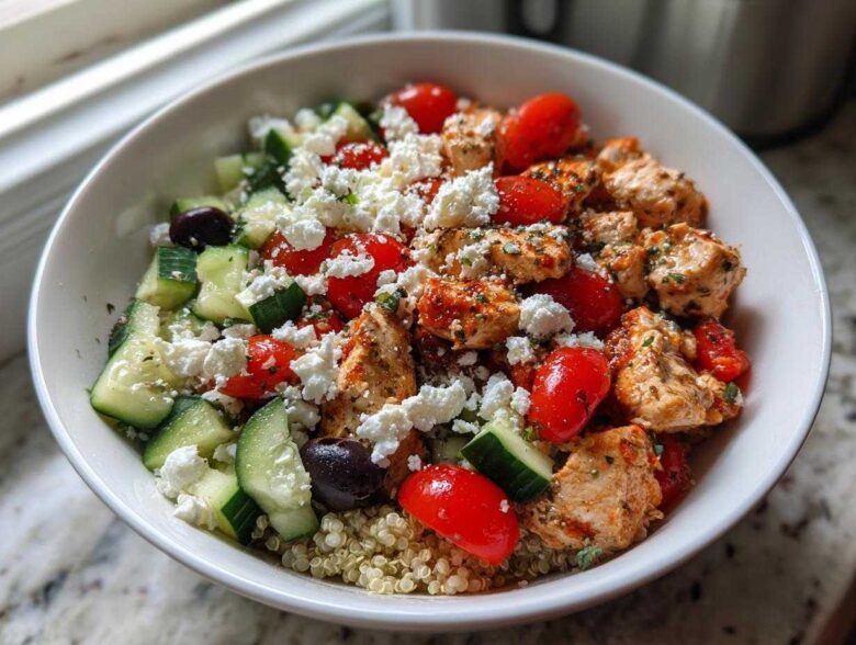 Close-up of an Easy Mediterranean Chicken Bowl featuring seasoned chicken, quinoa, cucumber, tomatoes, olives, and feta cheese.