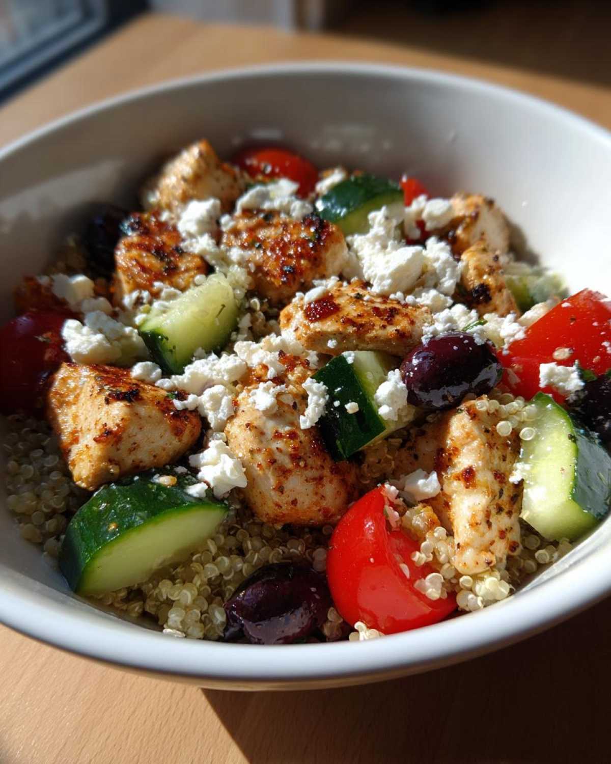 A close-up of an Easy Mediterranean Chicken Bowl featuring seasoned chicken, quinoa, cucumber, tomato, olives, and feta cheese.
