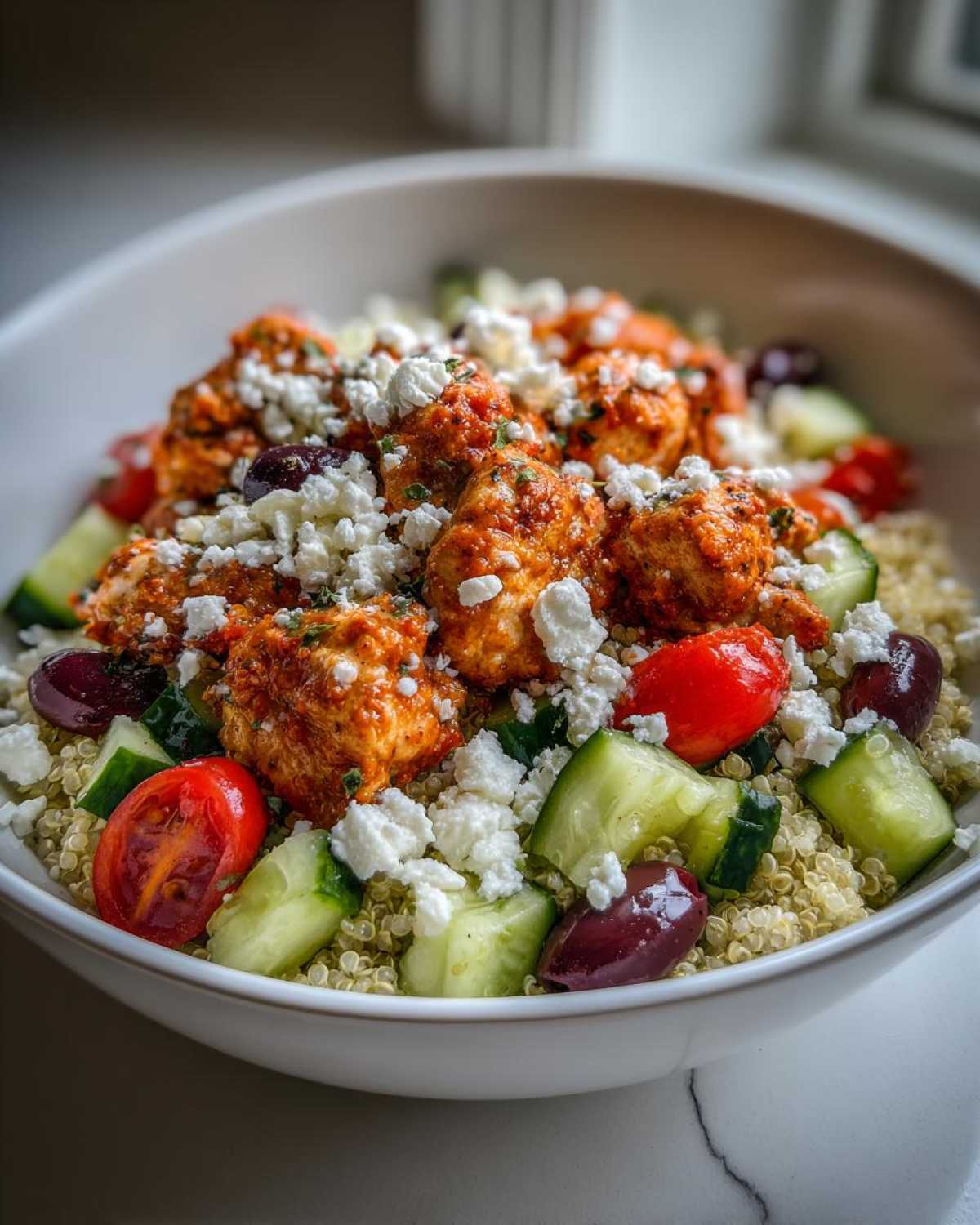 A close-up of an Easy Mediterranean Chicken Bowl featuring quinoa, seasoned chicken, cucumbers, tomatoes, olives, and crumbled feta cheese.