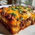 A close-up, featured image of a hearty slice of Low Carb Taco Casserole topped with melted cheese and cilantro.