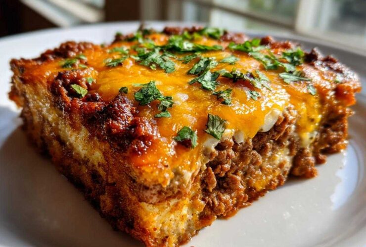 A close-up, featured image of a hearty slice of Low Carb Taco Casserole topped with melted cheese and cilantro.