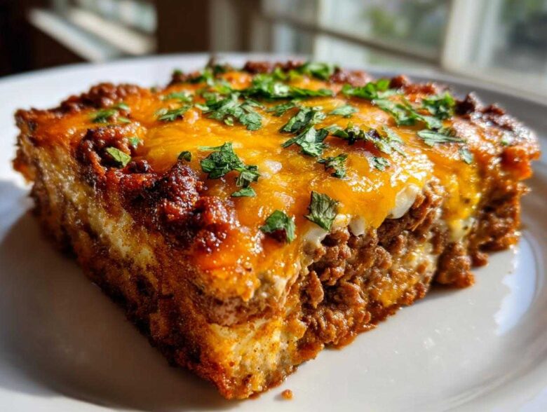 A close-up, featured image of a hearty slice of Low Carb Taco Casserole topped with melted cheese and cilantro.