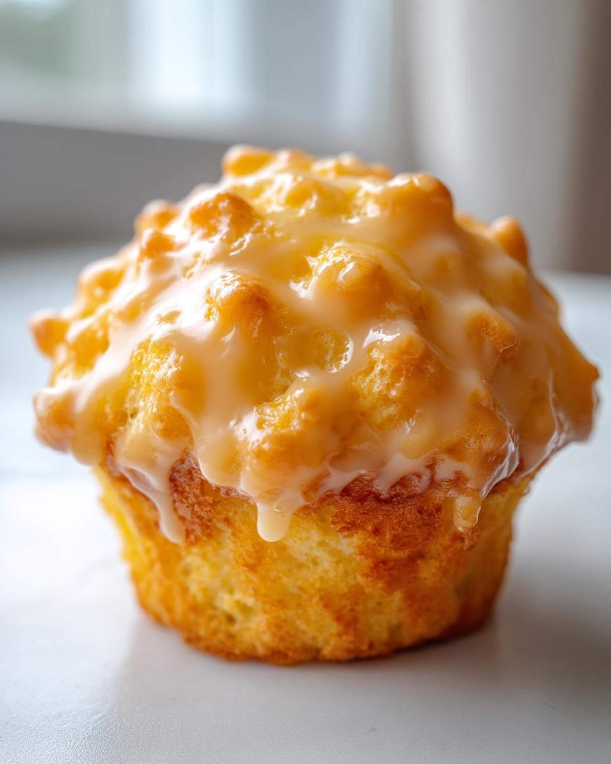 Close-up of a golden baked muffin topped with a thick, dripping Fluffy Orange Muffin Glaze.
