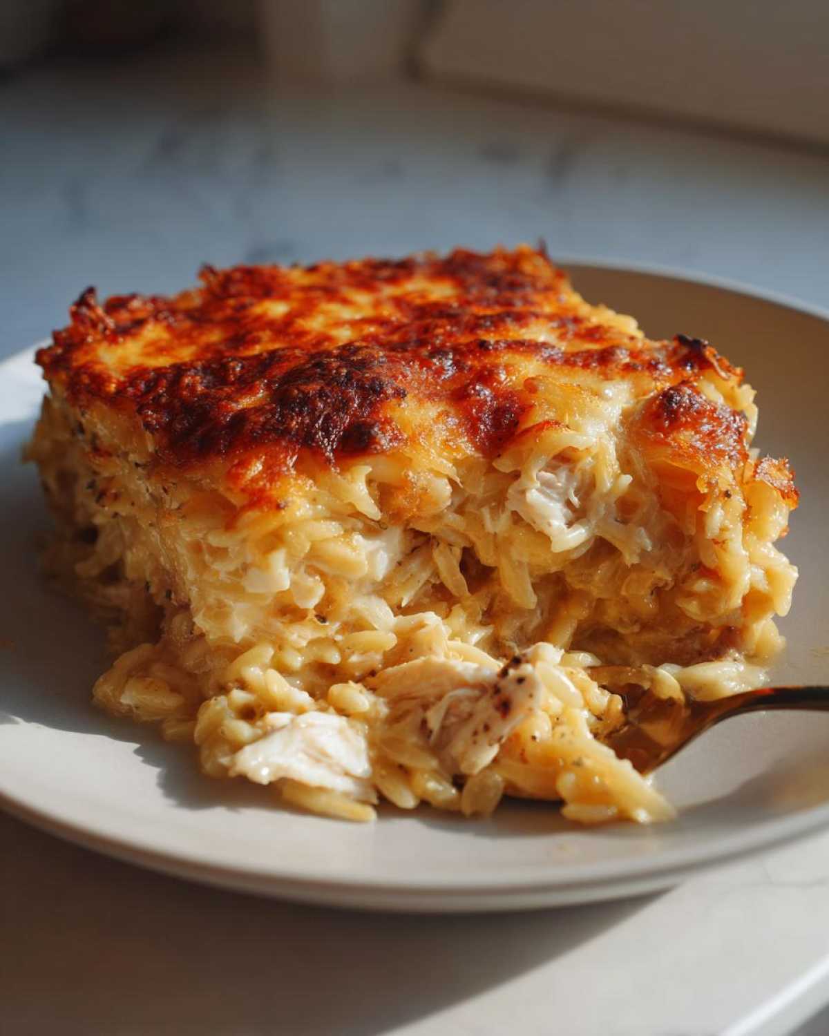A close-up serving of creamy French Onion Chicken Orzo Casserole with a deeply browned, cheesy top, being lifted by a fork.