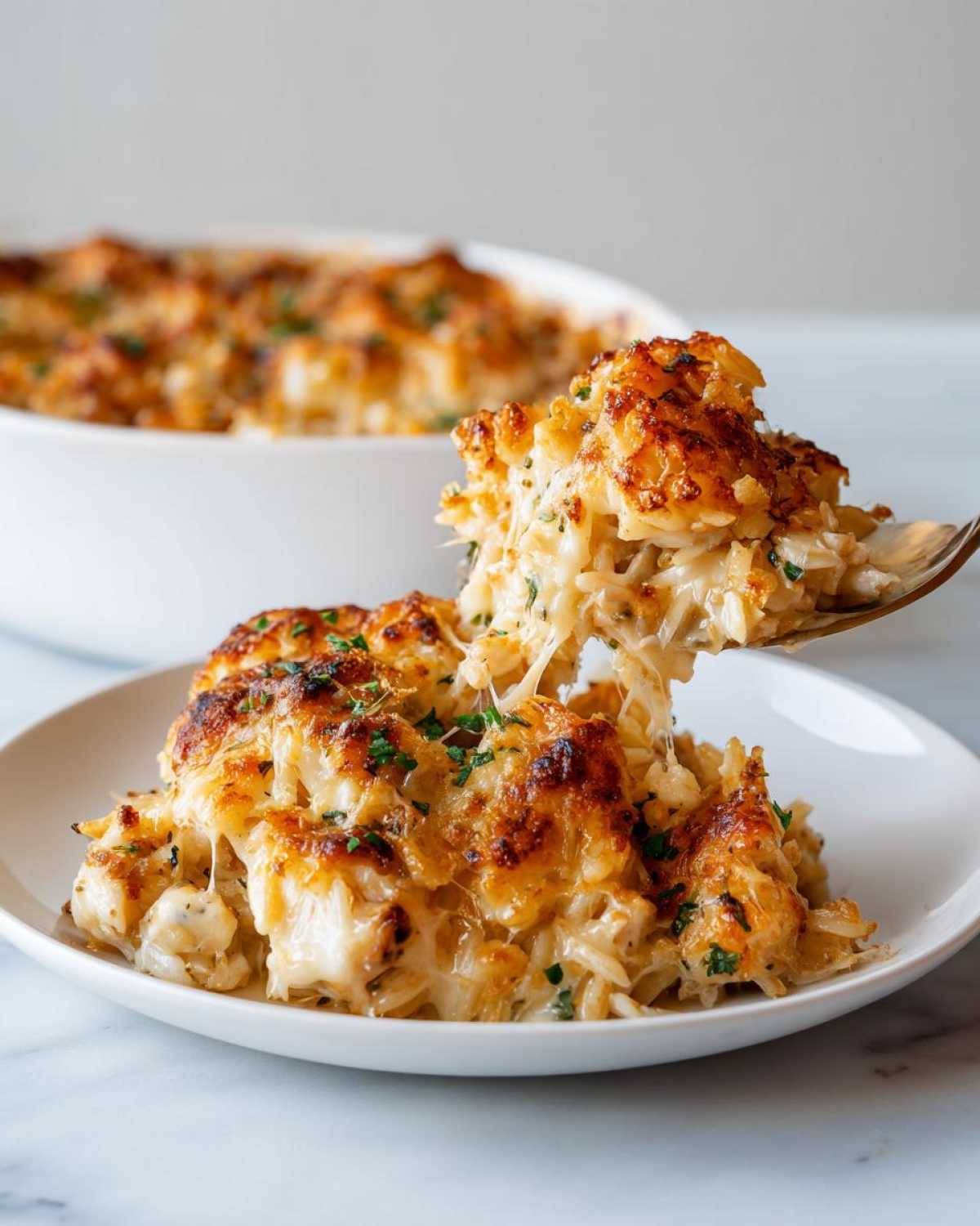 A spoonful of cheesy French Onion Chicken Orzo Casserole being lifted, showing melted cheese strings over the baked dish.