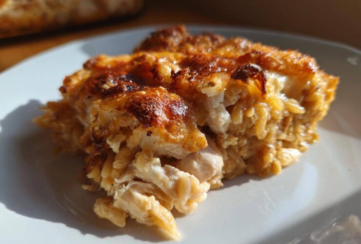 Close-up of a serving of French Onion Chicken Orzo Casserole with a golden-brown, cheesy top.
