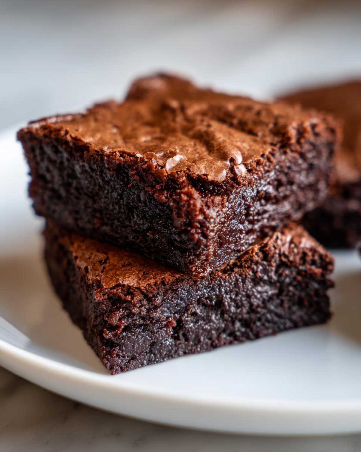 Two rich, dark chocolate brownies stacked, showing their dense, fudgy texture, addressing issues with Brownies Missing That Fudgy Texture.