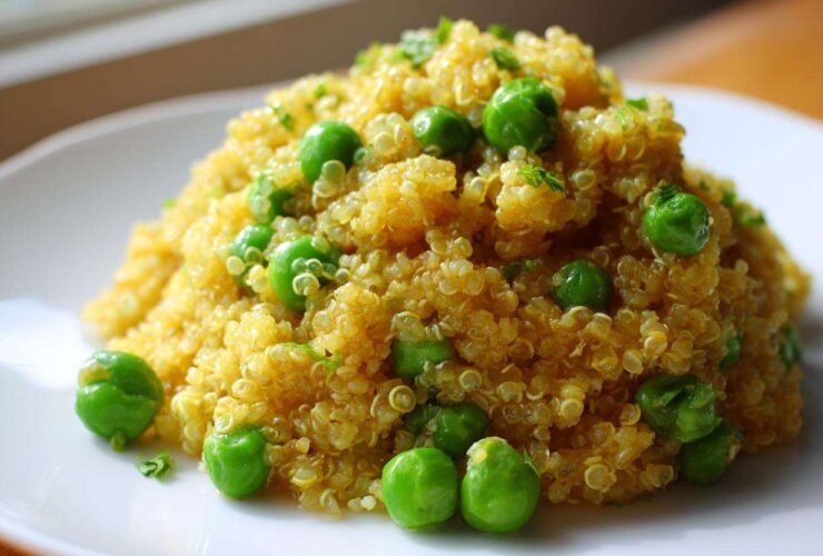 A mound of golden Garlic Butter Quinoa Green Peas garnished with fresh parsley on a white plate.