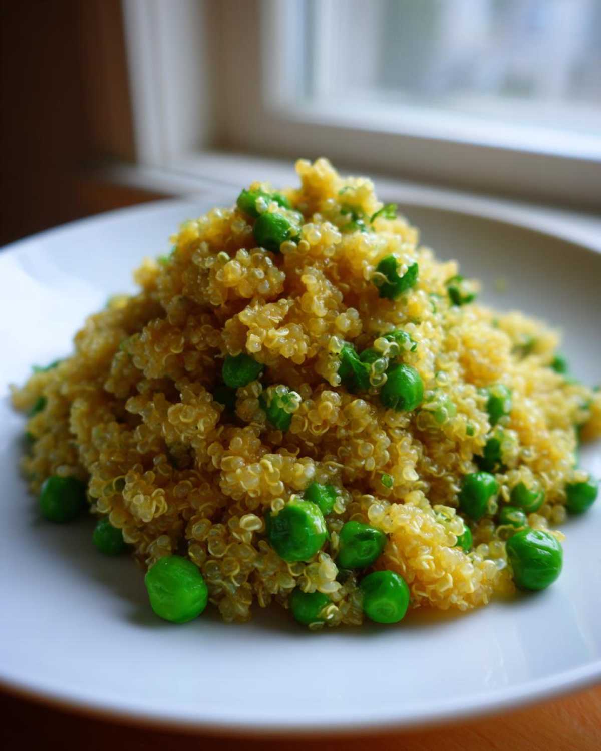 A mound of bright yellow Garlic Butter Quinoa Green Peas served on a white plate near a window.