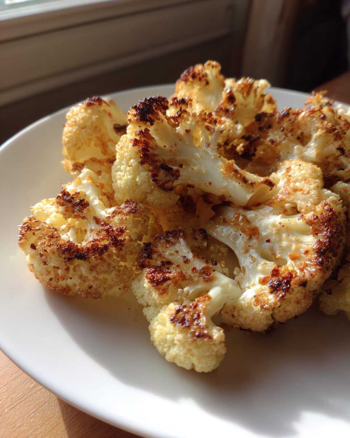 Close-up of beautifully browned Garlic Butter Roasted Cauliflower florets served on a white plate.