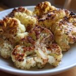 Close-up of perfectly caramelized Garlic Butter Roasted Cauliflower florets served on a white plate.