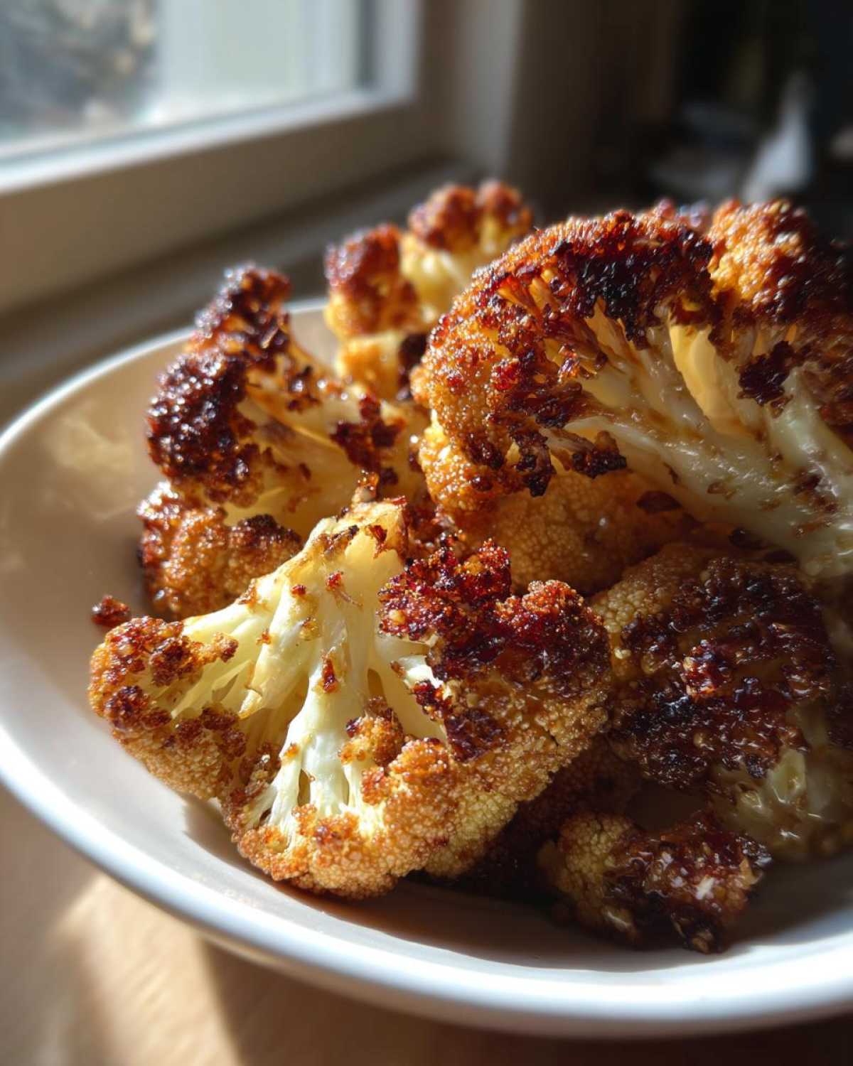 Close-up of deeply caramelized Garlic Butter Roasted Cauliflower florets served in a white bowl.